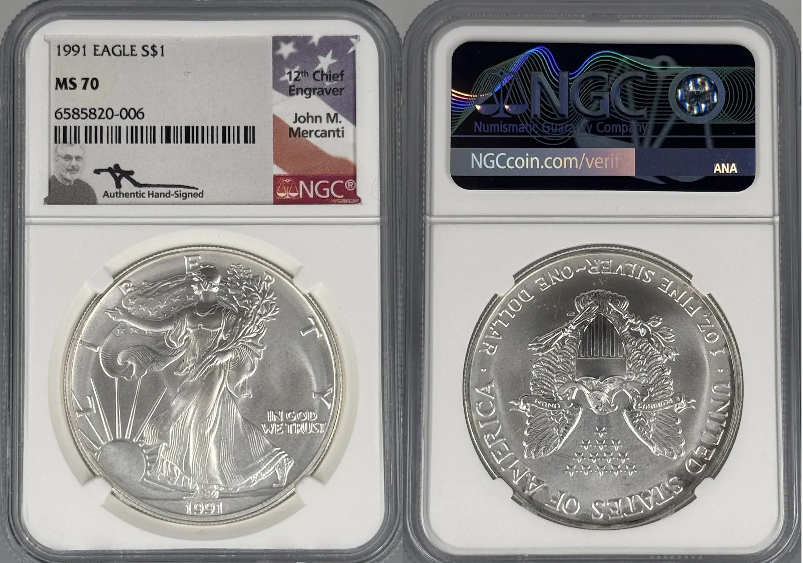 1991 Silver Eagle Mercanti NGC MS70
