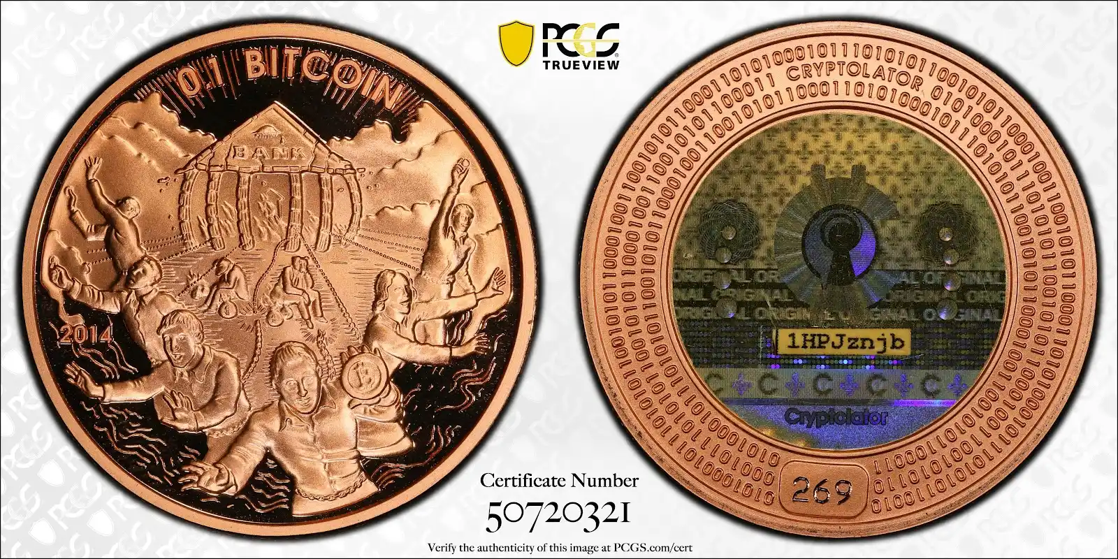 2014 .1btc Cryptolator Bitcoin 1HPJznjb PCGS MS69