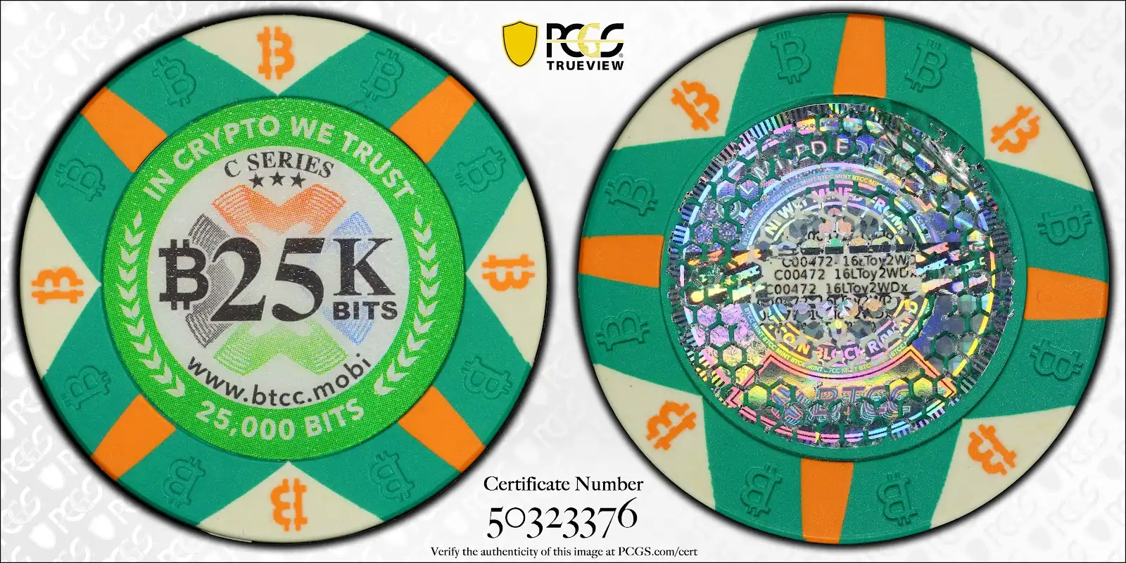 2016 .025 Btc btcc_green 25k chip colab Funded PCGS MS69