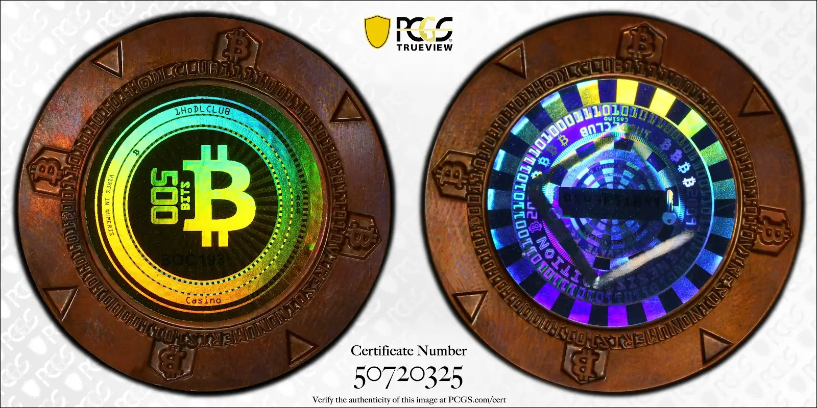 2021 .0005 BTC 1HoDL Club 500 Sats Copper Chip 1xBTC3En Funded PCGS MS67