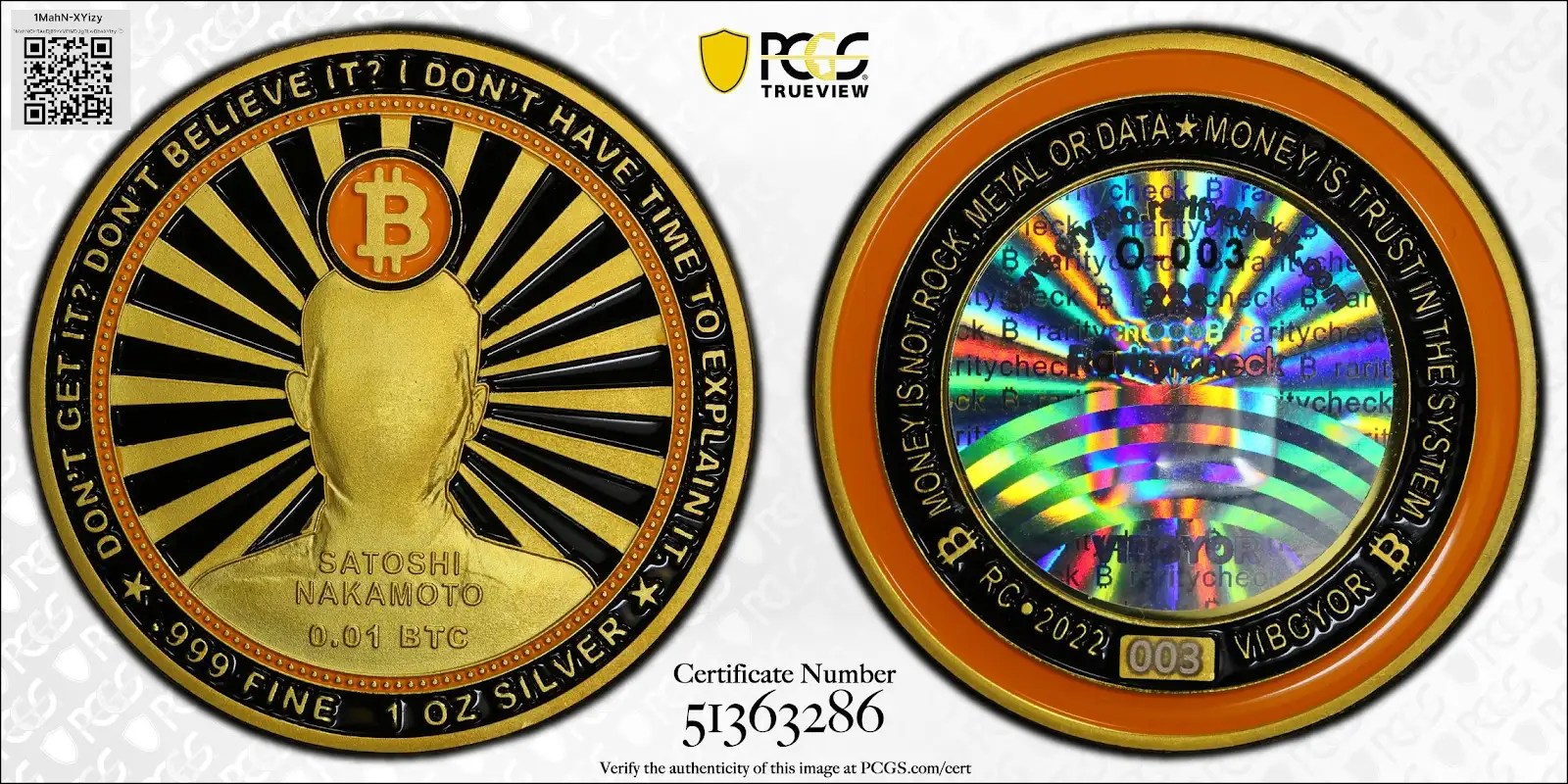 2022 Rarity Check VIBGYOR Gold Gilted 003 Silver .01BTC Funded PCGS MS69