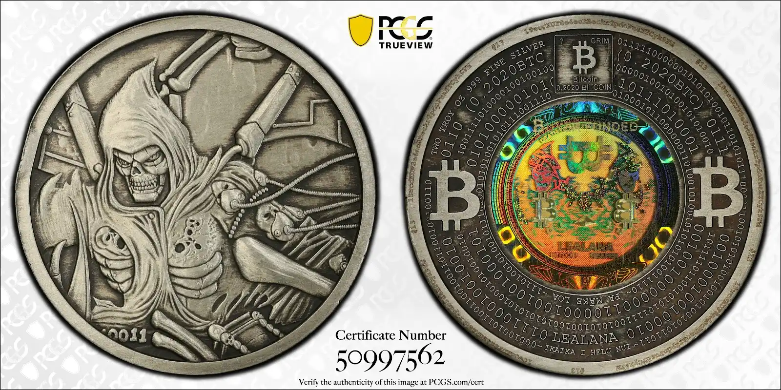 (2023) 2020, 0.2020 BTC Lealana 2oz Silver, BF, Grim Reaper, Antique Finish PCGS MS64