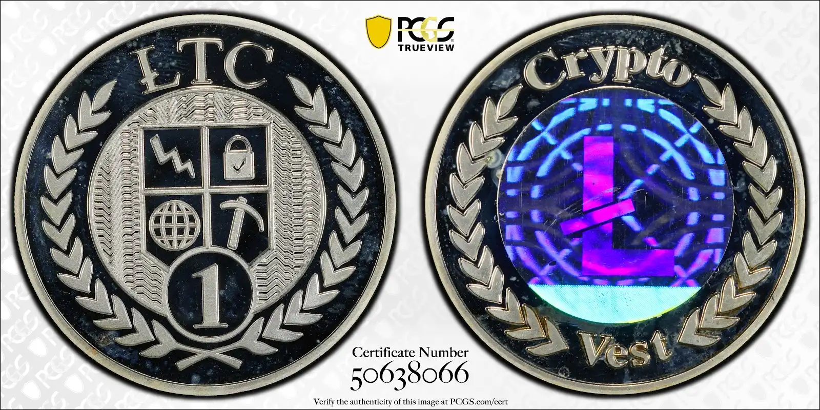 Crypto Vest, No Date 1LTC, First Edition-50638066, PCGS MS65DCAM