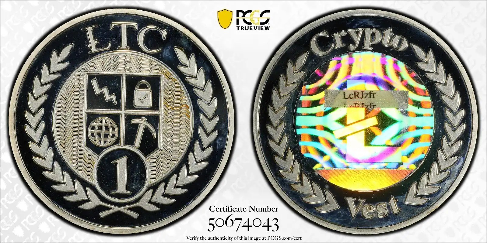 Crypto Vest, No Date, 1LTC, Special First Edition-ZINODAUR-50674043, PCGS PR67DCAM