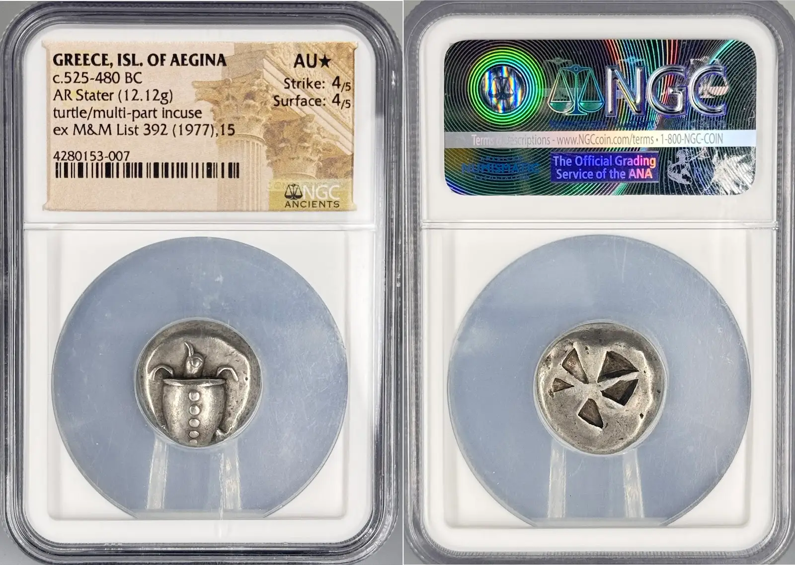 Greece Isl of Aegina, AR Stater Turtle NGC AU Star Ex. M&M